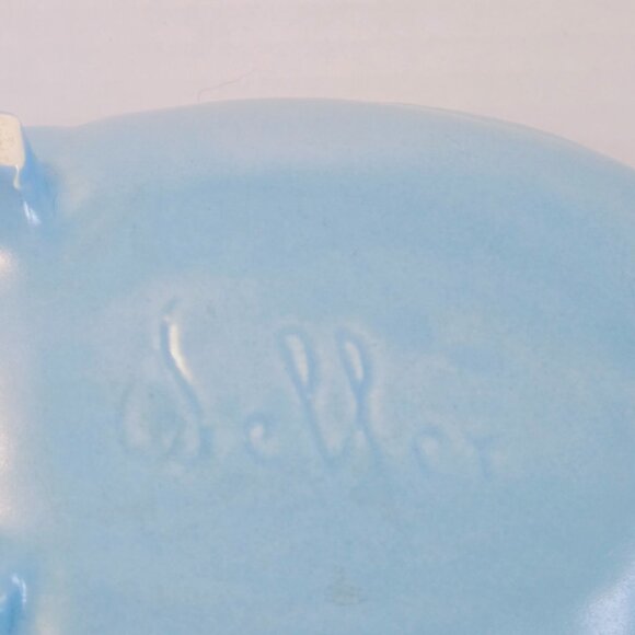 VINTAGE WELLER POTTERY MCM FOOTED LIGHT BLUE PLANTER, DISPLAY BOWL, FLOWER VASE - Picture 9 of 12